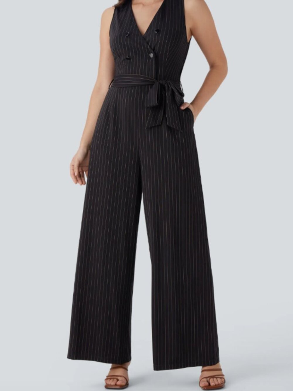 Halara V-Neck Sleeveless Belted Invisible Zipper Stripe Cool Touch Work Jumpsuit